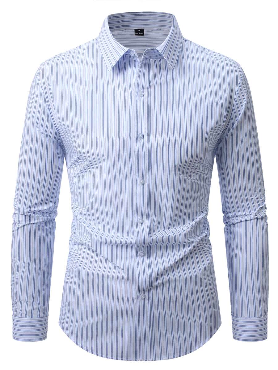 Manfinity Mode Men's Striped Casual Versatile Daily Wear Long Sleeve Shirt - Blue and White - View 1