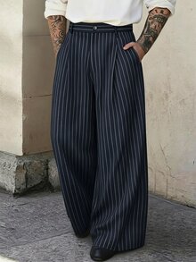 Manfinity Homme 男士大尺碼超寬鬆寬腿條紋長褲，街頭復古度假海灘風，海軍藍，秋季 - 藏蓝色 - 查看 5