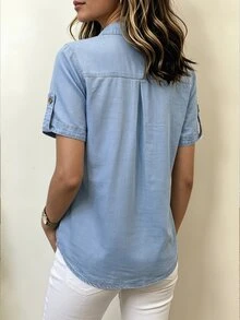 EMERY ROSE Vacation Casual Notch Collar Denim Blouse Travel Light Blue Summer Everyday - Blue - View 2