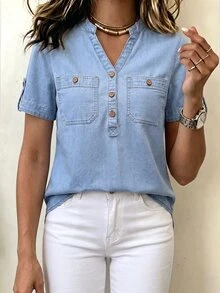 EMERY ROSE Vacation Casual Notch Collar Denim Blouse Travel Light Blue Summer Everyday - Blue - View 1