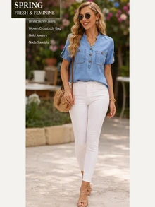 EMERY ROSE Vacation Casual Notch Collar Denim Blouse Travel Light Blue Summer Everyday - Blue - View 5