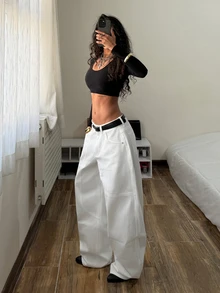SHEIN Tall Celana Jeans Panjang Putih Melengkung Belahan Lebar Asimetris Potongan Melengkung Longgar Gaya Streetwear Serbaguna Panjang Hingga Lantai - Putih - View 6