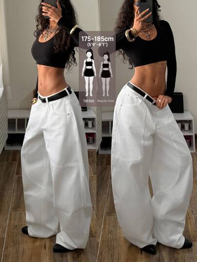 SHEIN Tall Tall Long White Curved Split Wide Leg Jeans Asymmetrical Curved Cut Loose Drapey Streetwear Versatile Floor Length Pants