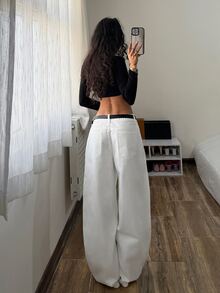 SHEIN Tall Celana Jeans Panjang Putih Melengkung Belahan Lebar Asimetris Potongan Melengkung Longgar Gaya Streetwear Serbaguna Panjang Hingga Lantai - Putih - View 10