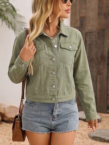 EMERY ROSE Women's Single-Breasted Casual Versatile Daily Wear Denim Jacket - Army Green - View 6