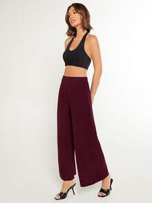 SHEIN BASICS 女款純色時尚百搭寬鬆寬腿褲 秋季日常居家休閒居家服 百搭居家休閒褲 - 酒紅色 - 查看 4
