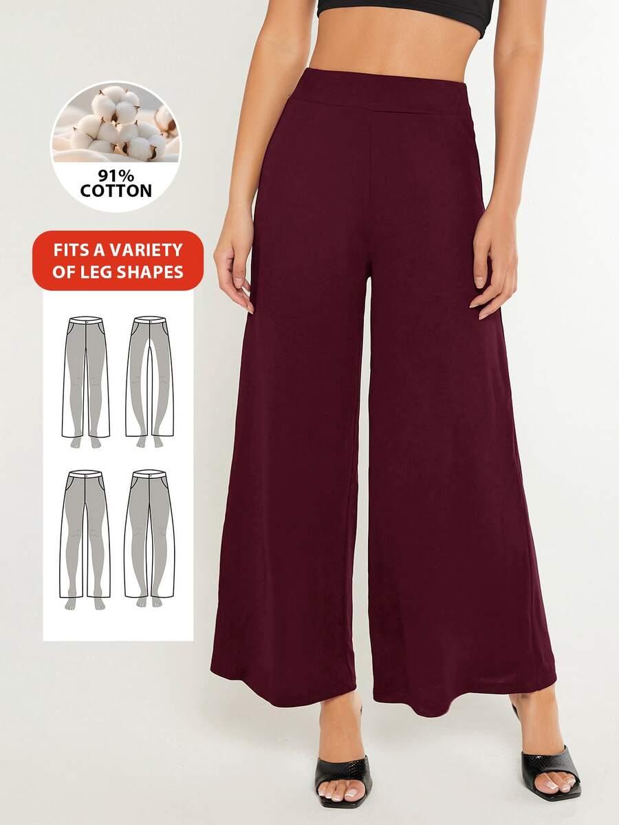SHEIN BASICS 女款純色時尚百搭寬鬆寬腿褲 秋季日常居家休閒居家服 百搭居家休閒褲 - 酒紅色 - 查看 1