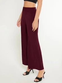 SHEIN BASICS 女款純色時尚百搭寬鬆寬腿褲 秋季日常居家休閒居家服 百搭居家休閒褲 - 酒紅色 - 查看 3
