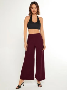 SHEIN BASICS 女款純色時尚百搭寬鬆寬腿褲 秋季日常居家休閒居家服 百搭居家休閒褲 - 酒紅色 - 查看 5
