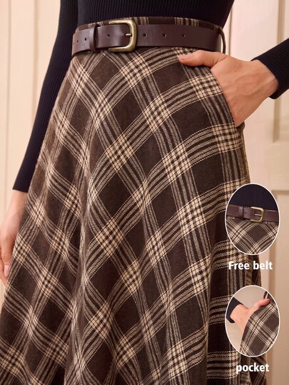Vintamour Women's Plaid Pocket Elegant Commute Skirt Elegant Plaid Skirt For Women Fall/Winter Elegant College School Skirt For Women Elegant Office Work Skirt