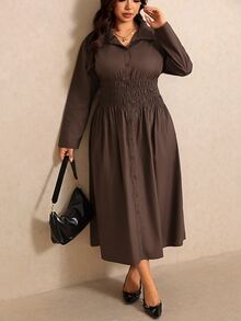 Elaquor Plus Size Women's Solid Color Long Sleeve Shirred Waist Shirt Dress Fall - Brown - View 6