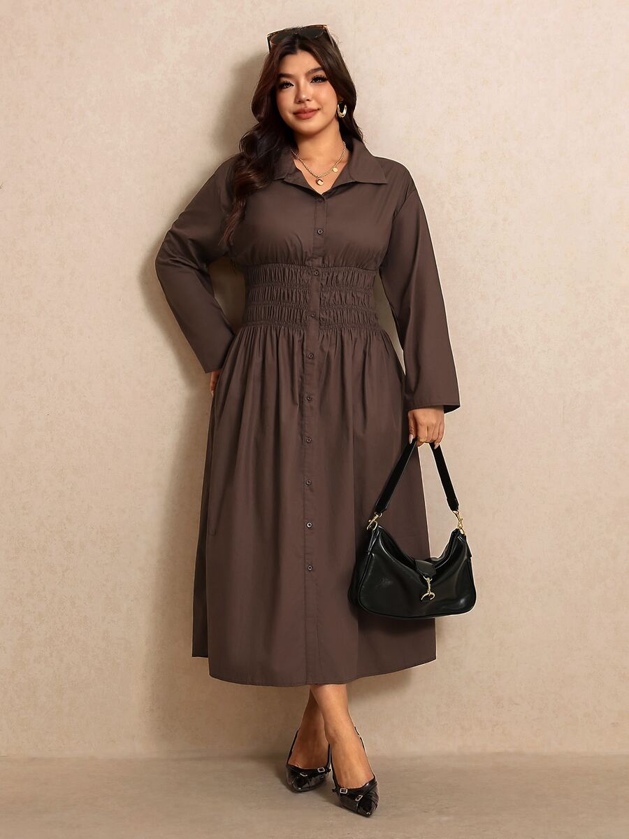 Elaquor Plus Size Women's Solid Color Long Sleeve Shirred Waist Shirt Dress Fall