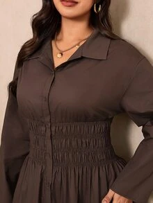 Elaquor Plus Size Women's Solid Color Long Sleeve Shirred Waist Shirt Dress Fall - Brown - View 7