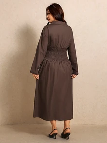 Elaquor Plus Size Women's Solid Color Long Sleeve Shirred Waist Shirt Dress Fall - Brown - View 3