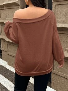 SHEIN Frenchy 大码纯色露肩长袖简约卫衣，休闲日常穿着，秋冬季机场通勤必备 - 鏽棕色 - 查看 4