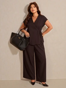 Elaquor Plus Size Casual Commuter Solid Color Tie Wrap Top And Pants Suit Set Long Black Outfit Curvy Women's Two Pieces Formal For Women Fall/Winter - Coffee Brown - View 6