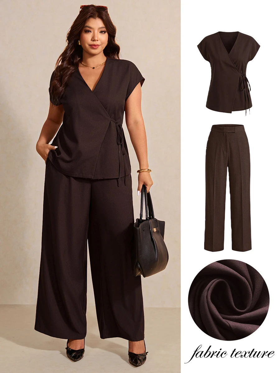 Elaquor Plus Size Casual Commuter Solid Color Tie Wrap Top And Pants Suit Set Long Black Outfit Curvy Women's Two Pieces Formal For Women Fall/Winter