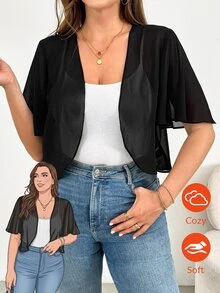 SHEIN Essnce 大尺碼女款春夏時尚休閒寬鬆舒適透氣涼爽雪紡黑色短袖開襟衫，防曬外套，黑色上衣，女款度假穿著，外出上衣，女款秋冬服飾 - 黑色 - 查看 6