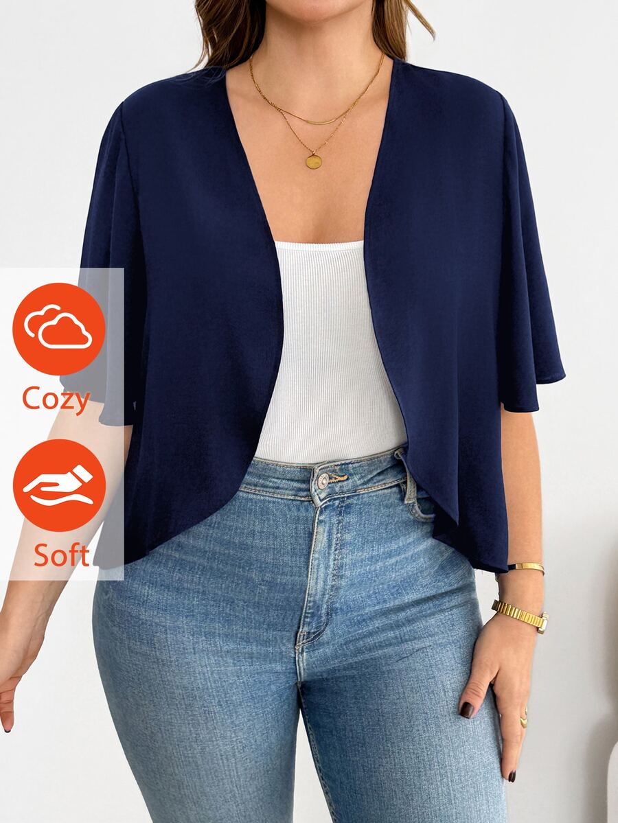 SHEIN Essnce Plus-Size Women's Short-Sleeved Black Cardigan,Autumn,Elegant,Formal Spring/Summer Fashion Casual Comfortable Everyday Basic Versatile Coats & Tops