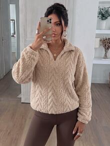SHEIN Frenchy Plus Quarter Zip Drop Shoulder Teddy Sweatshirt For Women, Peach Casual Hiking, Teacher Graduation, Back To School Fall/Winter - Apricot - View 9