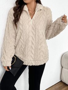 SHEIN Frenchy Plus Quarter Zip Drop Shoulder Teddy Sweatshirt For Women, Peach Casual Hiking, Teacher Graduation, Back To School Fall/Winter - Apricot - View 6