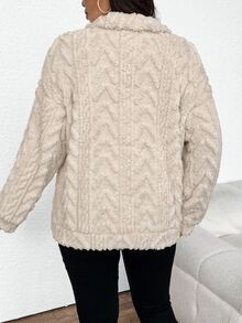 SHEIN Frenchy Plus Quarter Zip Drop Shoulder Teddy Sweatshirt For Women, Peach Casual Hiking, Teacher Graduation, Back To School Fall/Winter - Apricot - View 3