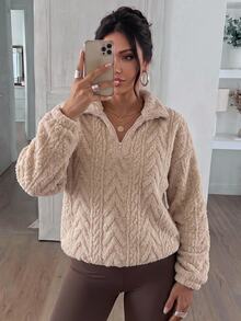 SHEIN Frenchy Plus Quarter Zip Drop Shoulder Teddy Sweatshirt For Women, Peach Casual Hiking, Teacher Graduation, Back To School Fall/Winter - Apricot - View 4