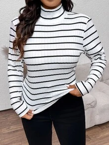 SHEIN Frenchy Plus Size Women's Turtleneck Black & White Striped Textured Fabric Long Sleeve T-Shirt, Casual & Fashionable For Spring Fall - Black and White - View 5