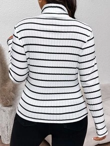 SHEIN Frenchy Plus Size Women's Turtleneck Black & White Striped Textured Fabric Long Sleeve T-Shirt, Casual & Fashionable For Spring Fall - Black and White - View 2