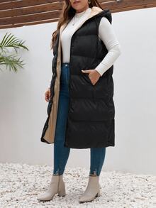 SHEIN Frenchy Plus Color Blocking Zip Up Vest Padded Coat, For Winter Fall Autumn Fall/Winter - Black - View 4