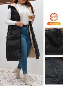 SHEIN Frenchy Plus Color Blocking Zip Up Vest Padded Coat, For Winter Fall Autumn Fall/Winter - Black - View 1