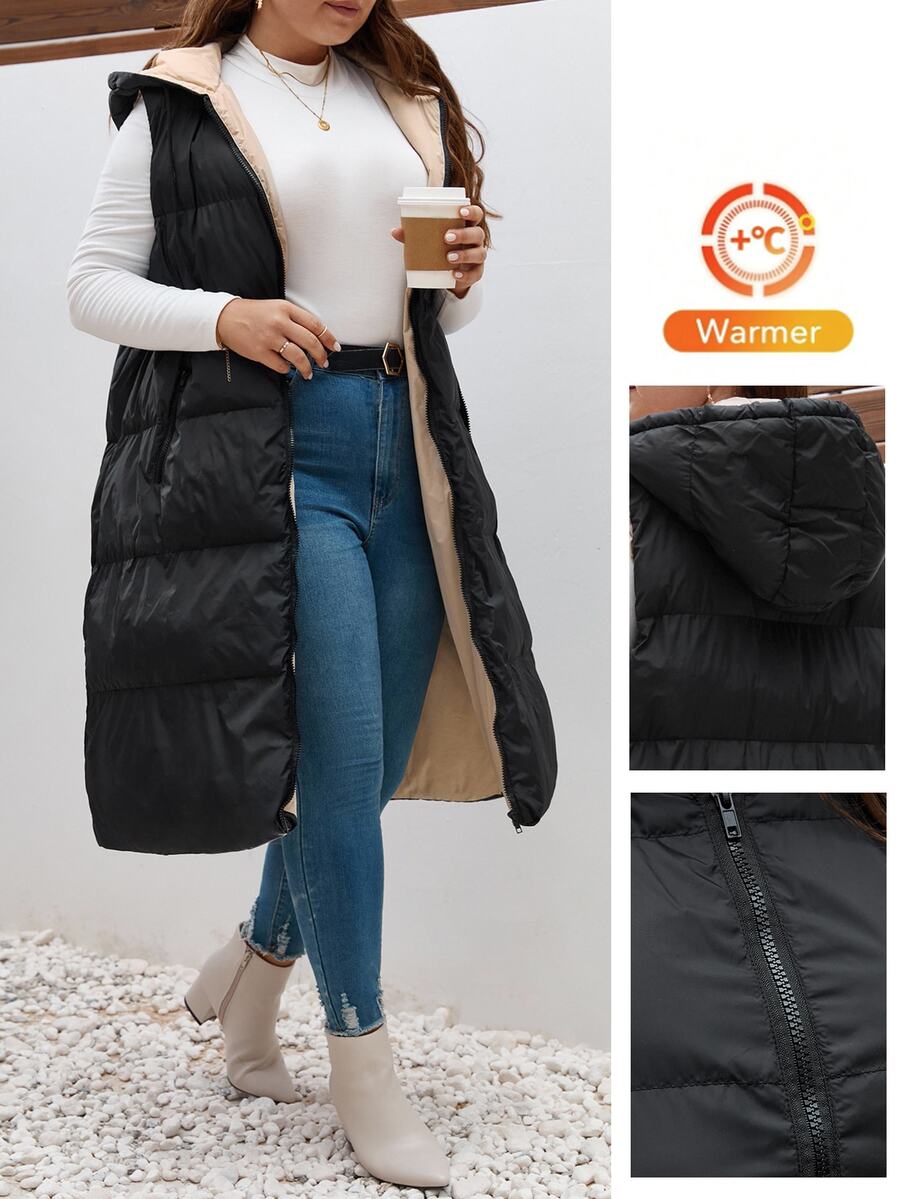 SHEIN Frenchy Plus Color Blocking Zip Up Vest Padded Coat, For Winter Fall Autumn Fall/Winter - Black - View 1