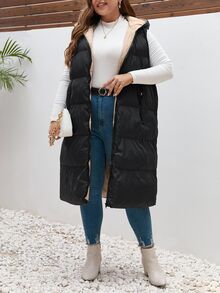 SHEIN Frenchy Plus Color Blocking Zip Up Vest Padded Coat, For Winter Fall Autumn Fall/Winter - Black - View 7