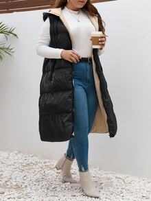 SHEIN Frenchy Plus Color Blocking Zip Up Vest Padded Coat, For Winter Fall Autumn Fall/Winter - Black - View 3