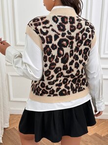 SHEIN Frenchy Plus Size Casual Leopard Print Round Neck Sweater Vest, Autumn/Winter Fall Fall/Winter - Multicolor - View 3
