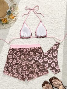 Bonvoyette 女款夏季海灘花卉印花掛脖比基尼套裝，附外罩衫與短褲，隨機印花，3件套 - 彩色 - 查看 8