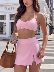 SHEIN Dewbera Women's Solid Color Side Slit Hem Daily Fitness Essential Low Waist Sports Skort Gym Golf Pink Summer - Pink - View 7