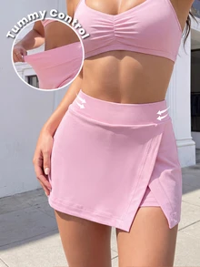 SHEIN Dewbera Women's Solid Color Side Slit Hem Daily Fitness Essential Low Waist Sports Skort Gym Golf Pink Summer - Pink - View 8