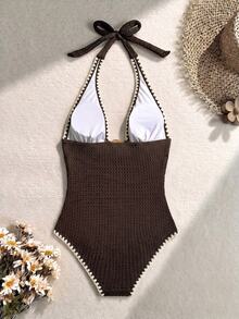 Bonvoyette Women's Elegant Textured Fabric Deep V-Neck Metal Decor Backless One-Piece Swimsuit, Suitable For Summer Beach Vacation And Party Wear - Brown - View 2