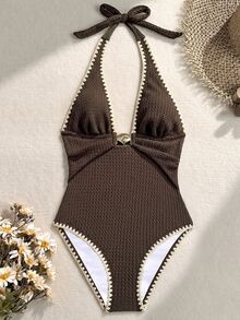 Bonvoyette Women's Elegant Textured Fabric Deep V-Neck Metal Decor Backless One-Piece Swimsuit, Suitable For Summer Beach Vacation And Party Wear - Brown - View 5