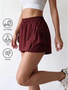Dewbera Dewbera Women's Solid Color Drawstring Waist Cargo Pocket Outdoor Skort - Chocolate Brown - View 3
