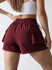 Dewbera Dewbera Women's Solid Color Drawstring Waist Cargo Pocket Outdoor Skort - Chocolate Brown - View 4