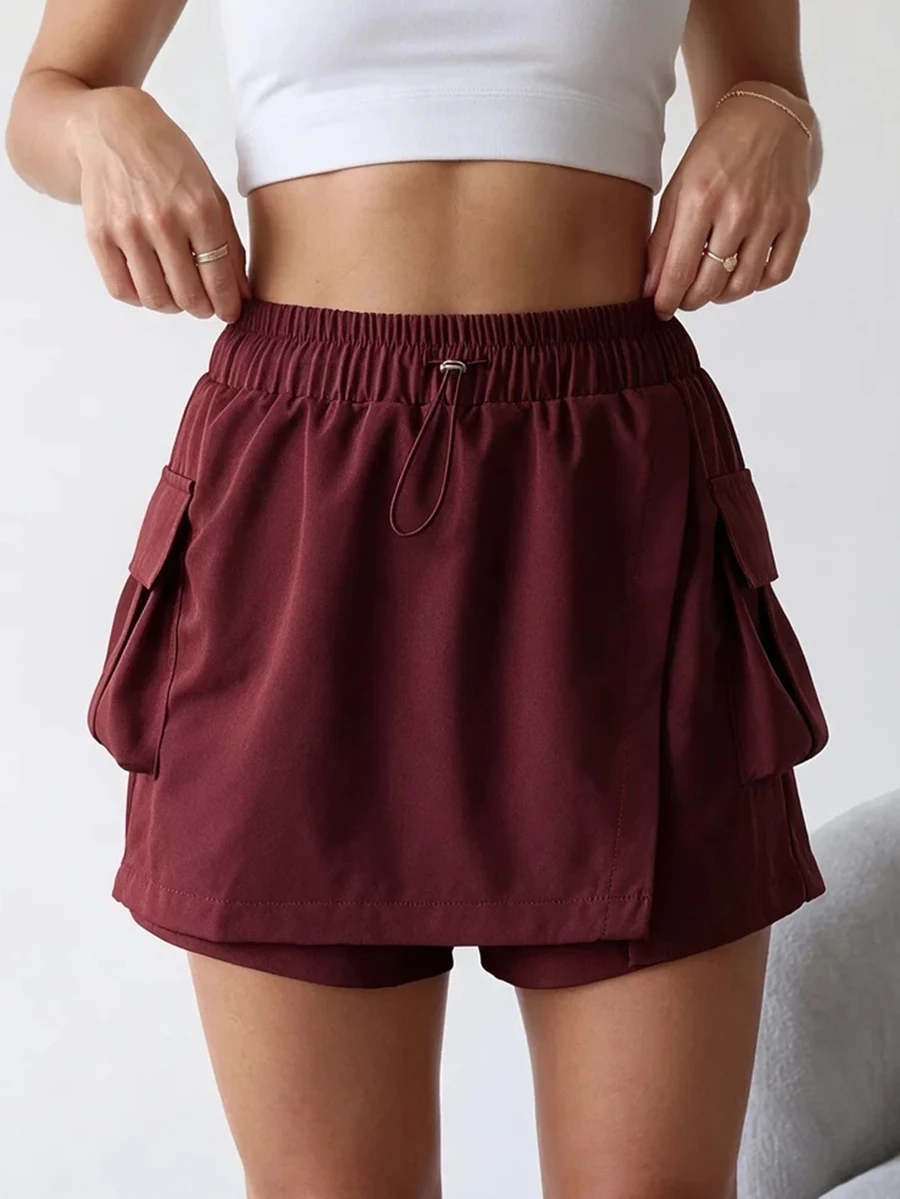 Dewbera Dewbera Women's Solid Color Drawstring Waist Cargo Pocket Outdoor Skort - Chocolate Brown - View 1