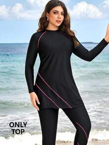 Swim Mulvari Plus Size Women's Solid Color Long Sleeve Mid-Length Modest Burkini Top With Embroidery Decor Beach Sports Summer - Black - View 4