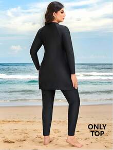 Swim Mulvari Plus Size Women's Solid Color Long Sleeve Mid-Length Modest Burkini Top With Embroidery Decor Beach Sports Summer - Black - View 2
