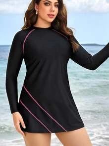 Swim Mulvari Plus Size Women's Solid Color Long Sleeve Mid-Length Modest Burkini Top With Embroidery Decor Beach Sports Summer - Black - View 3