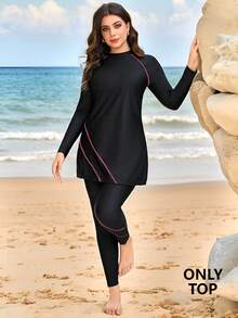 Swim Mulvari Plus Size Women's Solid Color Long Sleeve Mid-Length Modest Burkini Top With Embroidery Decor Beach Sports Summer - Black - View 7