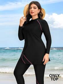 Swim Mulvari Plus Size Women's Solid Color Long Sleeve Mid-Length Modest Burkini Top With Embroidery Decor Beach Sports Summer - Black - View 5