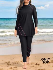 Swim Mulvari Plus Size Women's Solid Color Long Sleeve Mid-Length Modest Burkini Top With Embroidery Decor Beach Sports Summer - Black - View 6