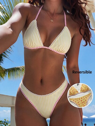 Swim Mod Ditsy Floral Two-Tone Reversible Sweet Cute Vintage Elegant Casual Bikini 2 Pieces Set Women's Swimwear For Vacation Beach Seaside